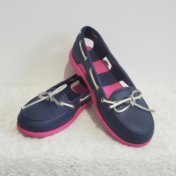 CROCS Shoes - Crocs Beach Line Deck Boat Shoes Navy Blue & Pink Waterproof Slip On Size 8